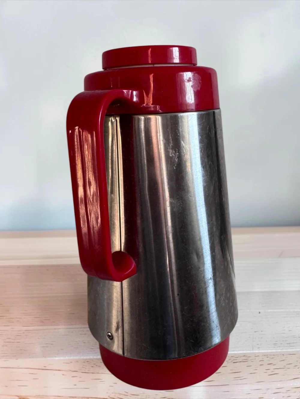 Vintage Corning Thermatique Stainless Steel and Red Plastic Coffee Carafe